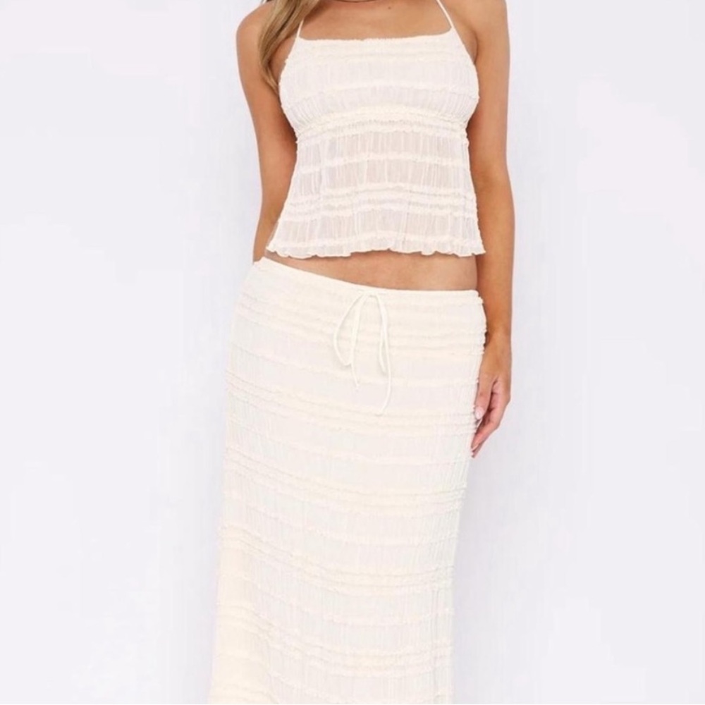 White Fox Boutique Cream Smocked top and Maxi Skirt with Drawstring